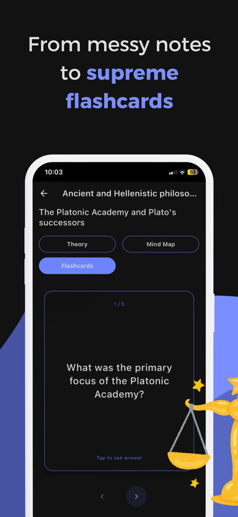 Philosophy Master Learn School - Philosophy Master app interface showing an interactive flashcard about the Platonic Academy.