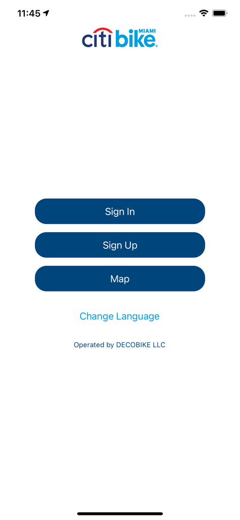 Welcome screen of the Citi Bike Miami app featuring buttons for sign in sign up and map view