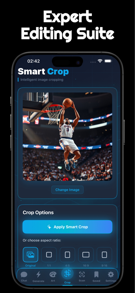Arena AI Mobile - Arena AI 모바일 앱 인터페이스에 농구 선수 사진과 다양한 종횡비 편집 옵션이 있는 스마트 자르기 기능이 표시됩니다.