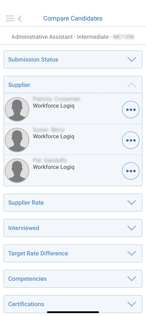 Interface of the Workforce Logiq Mobile app showing the compare candidates screen with supplier and recruitment details.