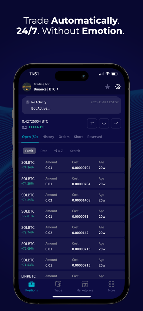Cryptohopper - Crypto Trading - Cryptohopper app interface showing automated trading positions and profit tracking on a mobile phone