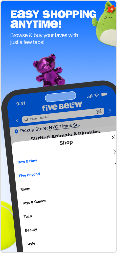 Five Below - Capture d'écran de l'interface de l'application mobile Five Below montrant le menu des catégories de produits.