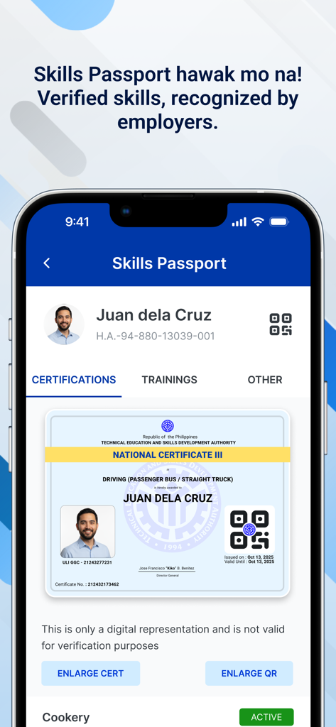 TESDA Skills Passport - A mobile app screen showing a TESDA Skills Passport digital certification for driving.