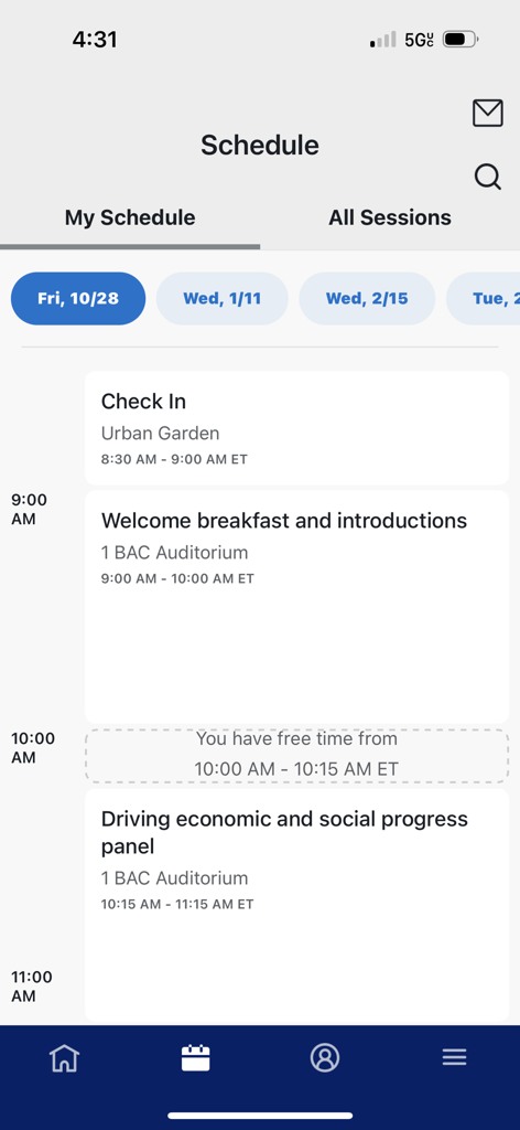 Bank of America Events - Mobile interface of the Bank of America Events app showing a personalized daily schedule for corporate conference sessions