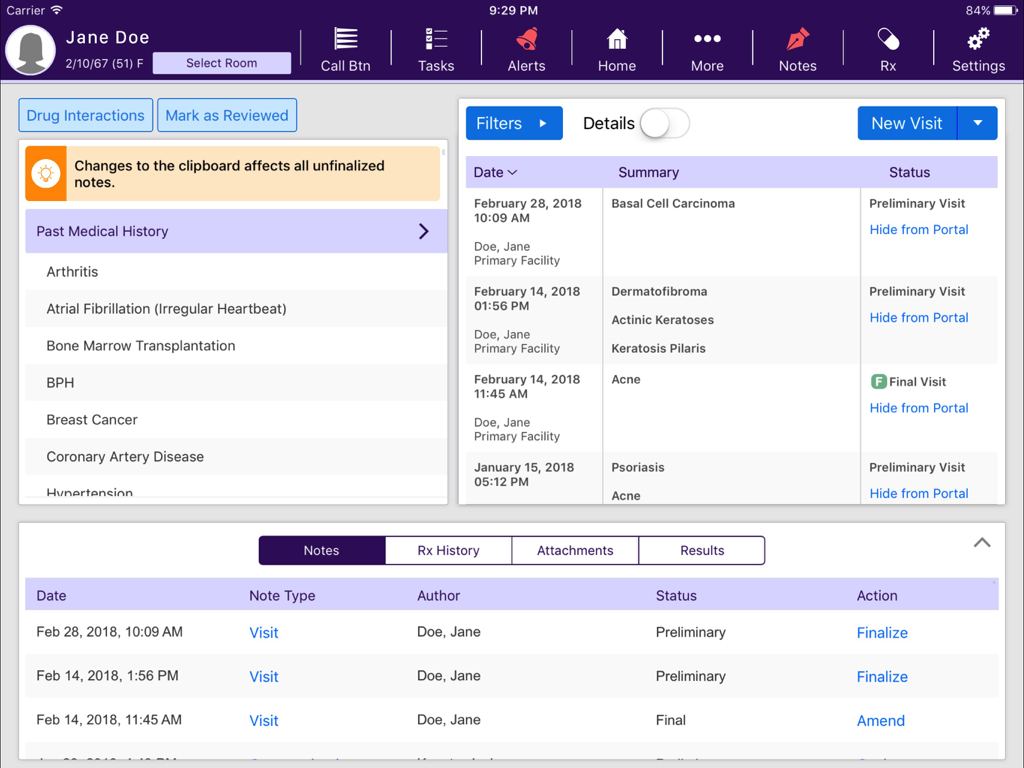ModMed Practice Sandbox - Patient chart interface in ModMed Practice Sandbox showing medical history and visit summaries