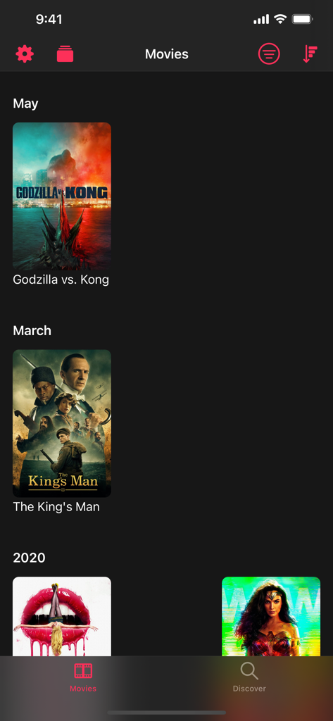 A chronological movie library screen in the Cinema Time app featuring posters and release dates in a dark mode interface.