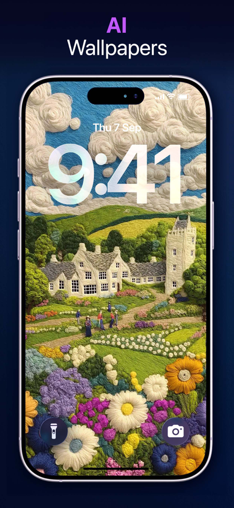 Spatial Wallpapers 3D - AI-generated embroidery style landscape wallpaper on an iPhone lock screen