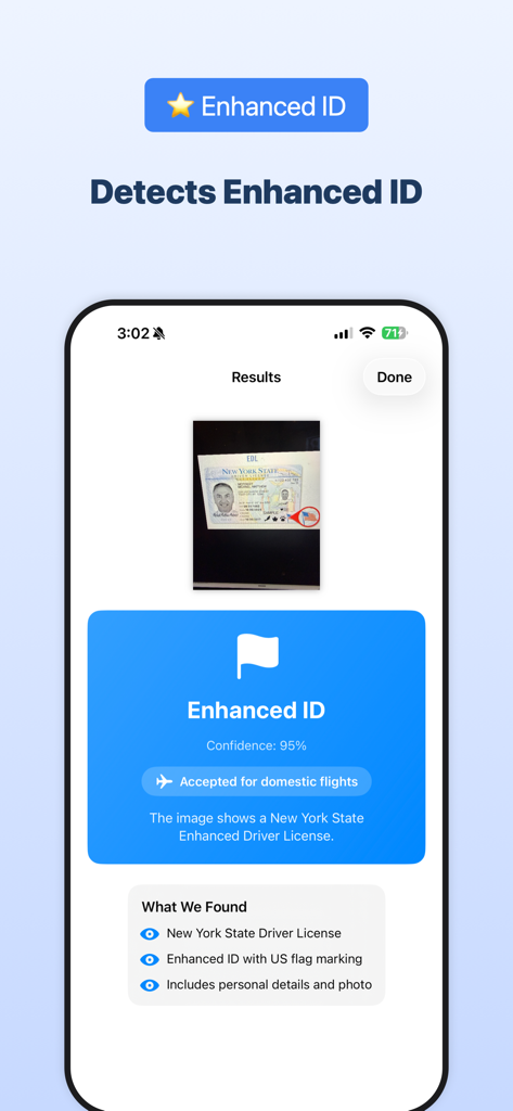 RealID Check - RealID Check app displaying successful verification of a New York State Enhanced Driver License for domestic US flights