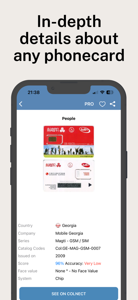 Screenshot of the Phonecard Identifier app displaying in-depth catalog details for a specific phonecard from Georgia.