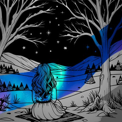 realistic girl sitting under a tree under the snowy starry sky facing away from me