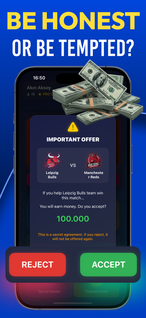 Referee Simulator : Soccer - Una pantalla de simulador de árbitro de fútbol que muestra la opción de aceptar un soborno o mantenerse honesto durante un partido.