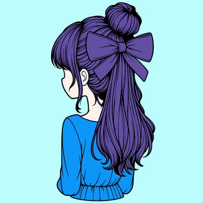 realistic girl  with hip length hair a bun and a big bow on the back of head