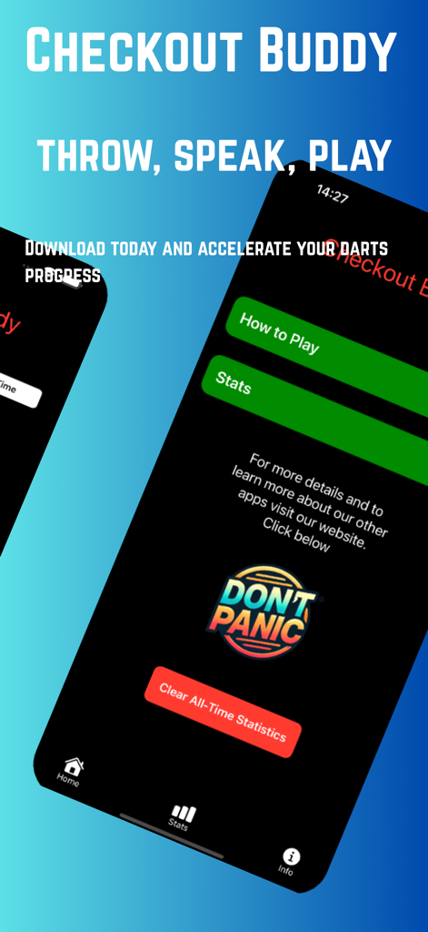 Checkout Buddy - The information and stats screen of the Checkout Buddy darts app featuring navigation buttons and the slogan Throw Speak Play.