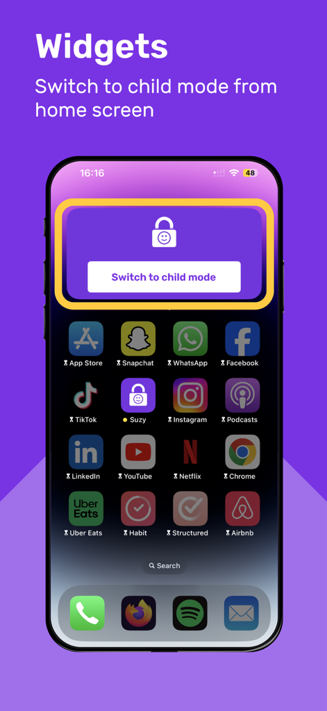 Schermata Home dell'iPhone che mostra il widget dell'app Suzy per passare alla modalità bambini con un solo tocco