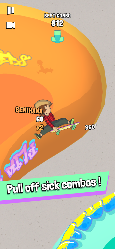Perfect Grind - Um personagem fazendo um truque de Benihana de skate no jogo mobile Perfect Grind.