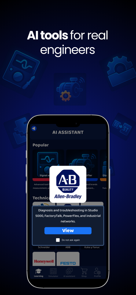 Pantalla del asistente PLC AI que muestra herramientas de diagnóstico y solución de problemas de Allen-Bradley para la automatización industrial