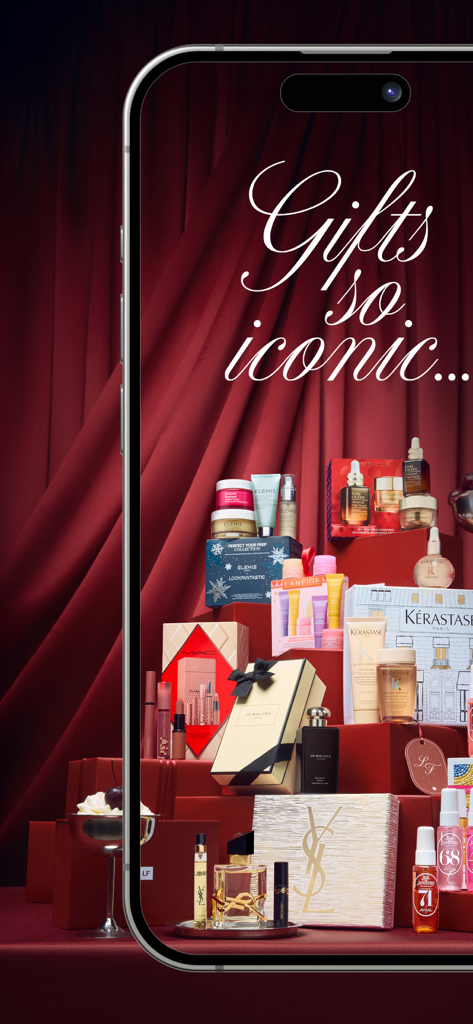 LOOKFANTASTIC: Beauty & Makeup - Pantalla de la aplicación Lookfantastic con sets de regalo de belleza de lujo de marcas premium.