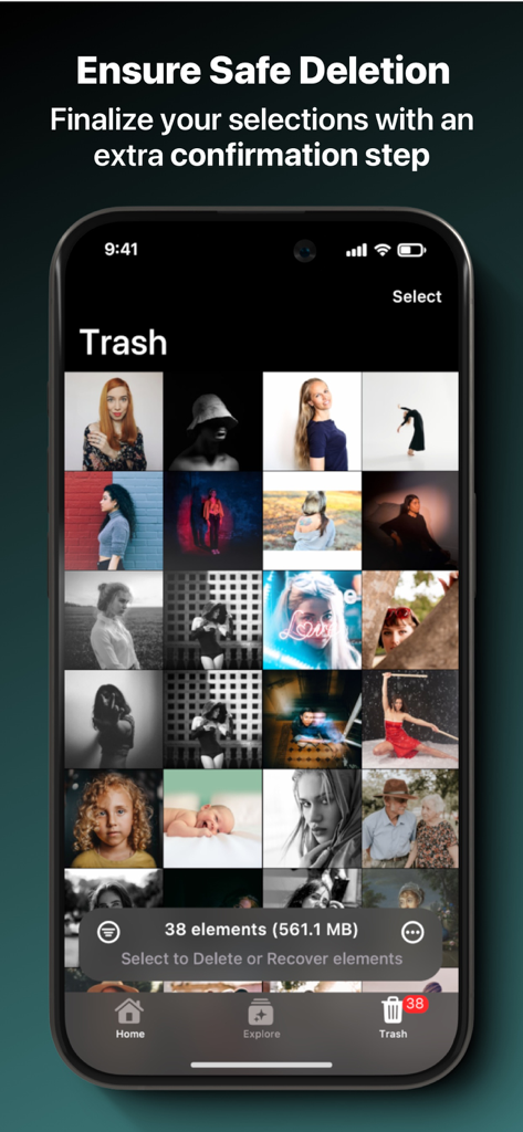 Free Up Storage: SwAipe - SwAipe app trash view showing a grid of photos selected for safe deletion to free up storage