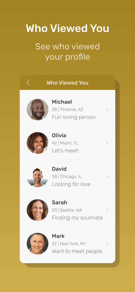 이름, 나이, 위치 및 간략한 설명이 포함된 싱글 기독교인 프로필 목록을 보여주는 '누가 나를 보았나' 기능의 스크린샷