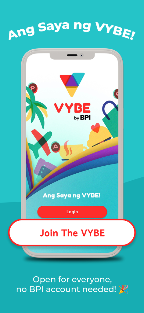 The welcome screen of the VYBE by BPI app showing login options and lifestyle rewards icons