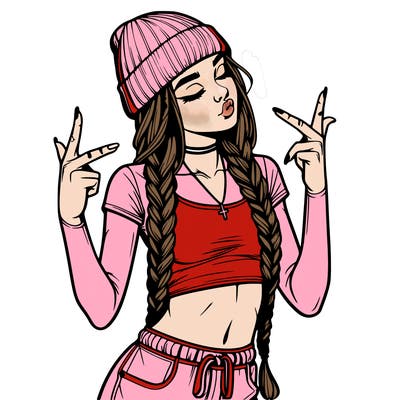 realistic teenage girl with braids and a beanie and crop top doing 🫶🏼