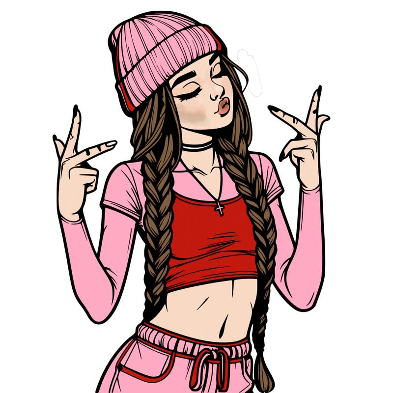 realistic teenage girl with braids and a beanie and crop top doing 🫶🏼
