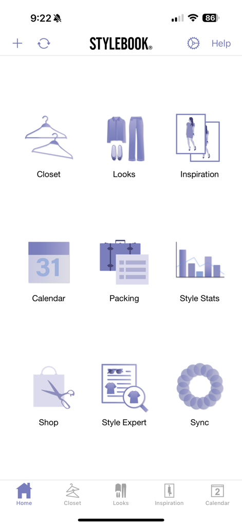 Stylebook - Menu principal do aplicativo Stylebook com ícones para gerenciamento de closet, looks e estatísticas de estilo.