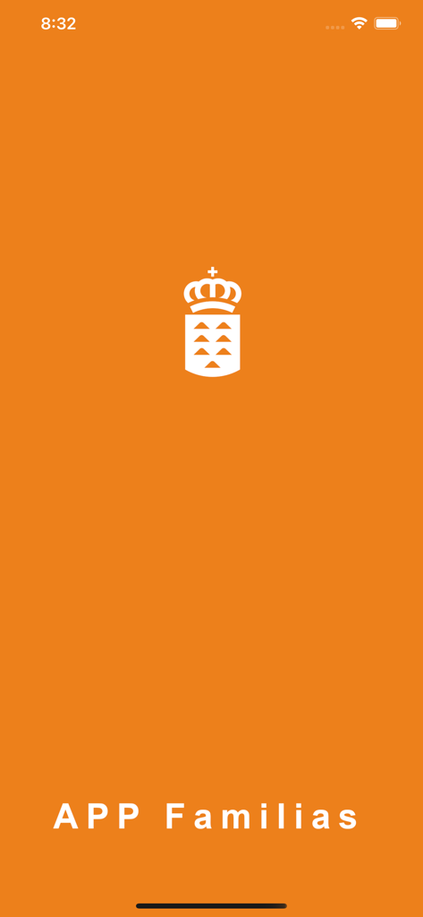 Pincel Alumnado y Familias - Pantalla de inicio de la aplicación Pincel Alumnado y Familias con fondo naranja y el escudo oficial de Canarias