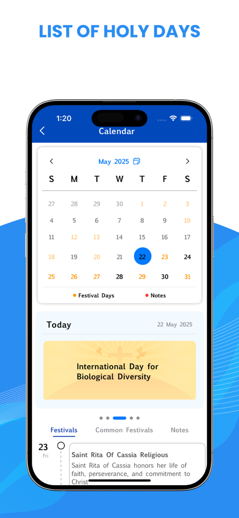 Amplified Bible - Interfaz de la aplicación Biblia Amplificada que muestra un calendario con una lista de días festivos y festivales religiosos