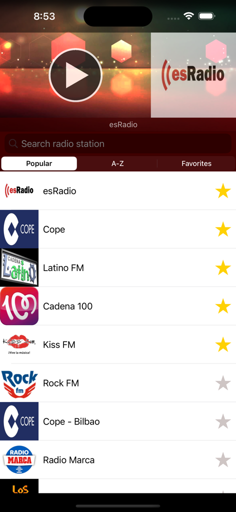 Screenshot of the Radio ES app showing a list of popular Spanish radio stations