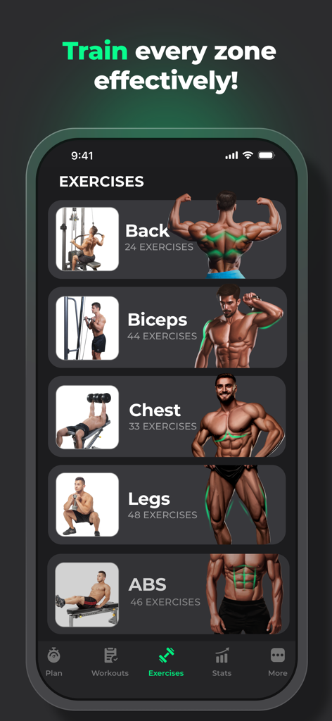ProFit: Workout Planner - Interfaz de la aplicación ProFit que muestra categorías de ejercicios para diferentes grupos musculares como espalda, bíceps, pecho, piernas y abdominales con diagramas anatómicos