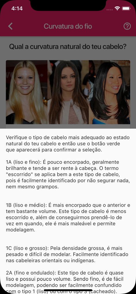 Bildschirm des Haar-Krümmungs-Quiz aus der Meu Cronograma Capilar App, der Beschreibungen von Haartypen und Referenzfotos zeigt.