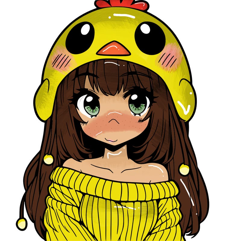 anime girl with chick shaped hat with sweater with bare shoulders with bangs covering them one eye with low tail