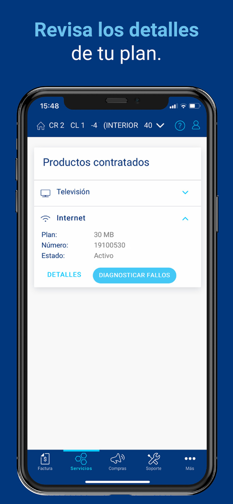 Interfaz de la app Mi Tigo Colombia mostrando detalles de los servicios de internet y televisión contratados con opciones para diagnosticar fallos.