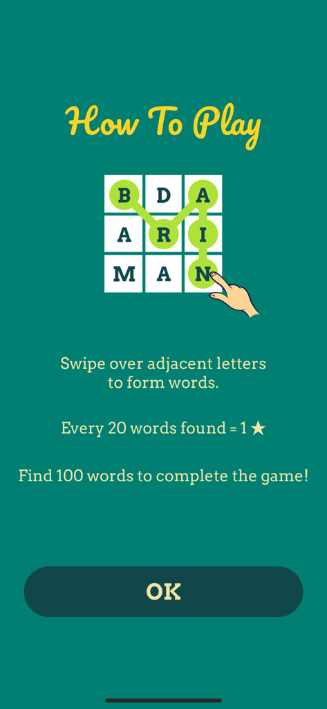Brain Games : Words & Numbers - Pantalla tutorial que muestra cómo deslizar letras adyacentes para formar palabras en el modo de acertijo de palabras de Brain Games