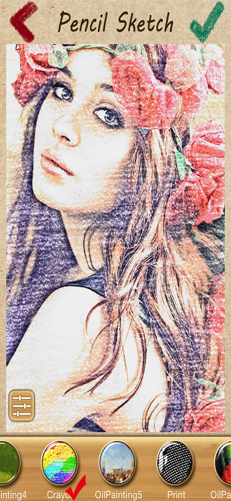 Portrait d'une femme avec une couronne de fleurs utilisant le filtre de croquis au crayon de couleur dans l'application Pencil Sketch