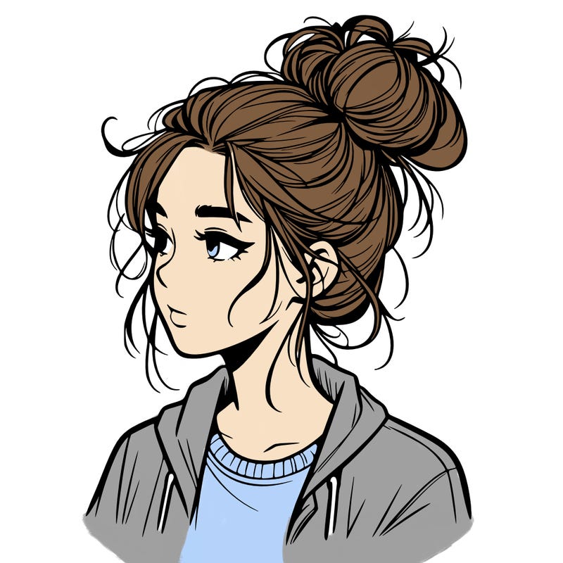 realistic teenage girl with a messy bun