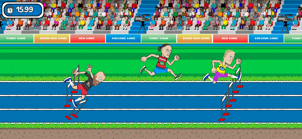Ragdoll Sport - Three cartoon athletes competing in a ragdoll physics hurdle race