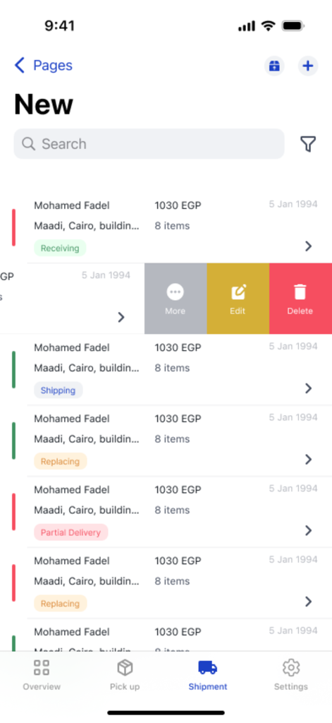 TradeSync - TradeSync mobile app shipment list showing delivery statuses and management options like edit and delete.