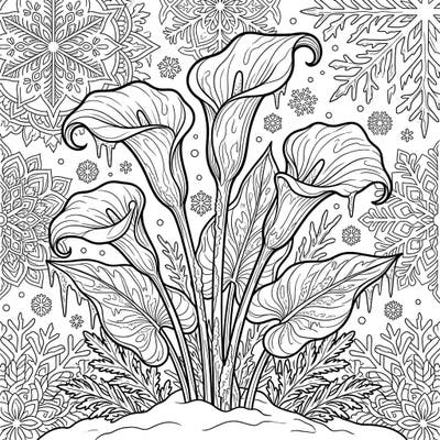 Discover the unique charm of calla lilies as they brave a frosty landscape in this captivating coloring template. This design beautifully merges the elegance of floral art with the serene beauty of a winter wonderland, offering a delightful coloring challenge.