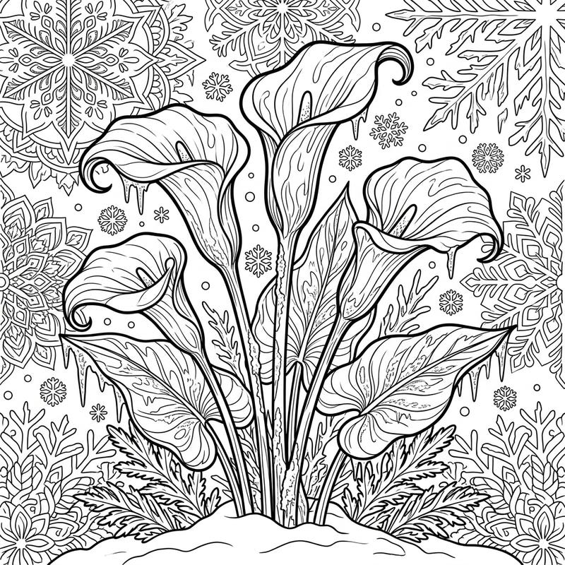 Discover the unique charm of calla lilies as they brave a frosty landscape in this captivating coloring template. This design beautifully merges the elegance of floral art with the serene beauty of a winter wonderland, offering a delightful coloring challenge.