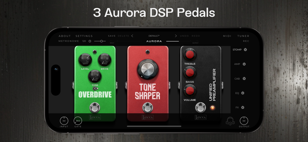 Laboga Mr Hector - Amp Sim - Laboga Mr Hectorアプリのインターフェース、3つのAurora DSPギターペダル（オーバードライブ、トーンシェイパー、ユニファイドプリアンプ）を表示