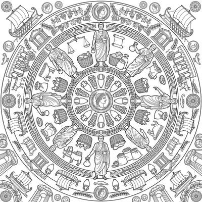 Immerse yourself in ancient Roman trade with this intricate Roman Merchants Mandala. This captivating coloring page combines historical figures and goods within a beautifully symmetrical design.