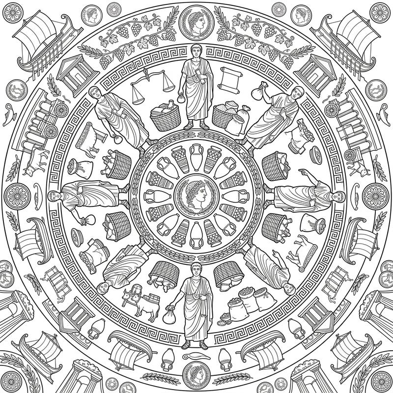 Immerse yourself in ancient Roman trade with this intricate Roman Merchants Mandala. This captivating coloring page combines historical figures and goods within a beautifully symmetrical design.