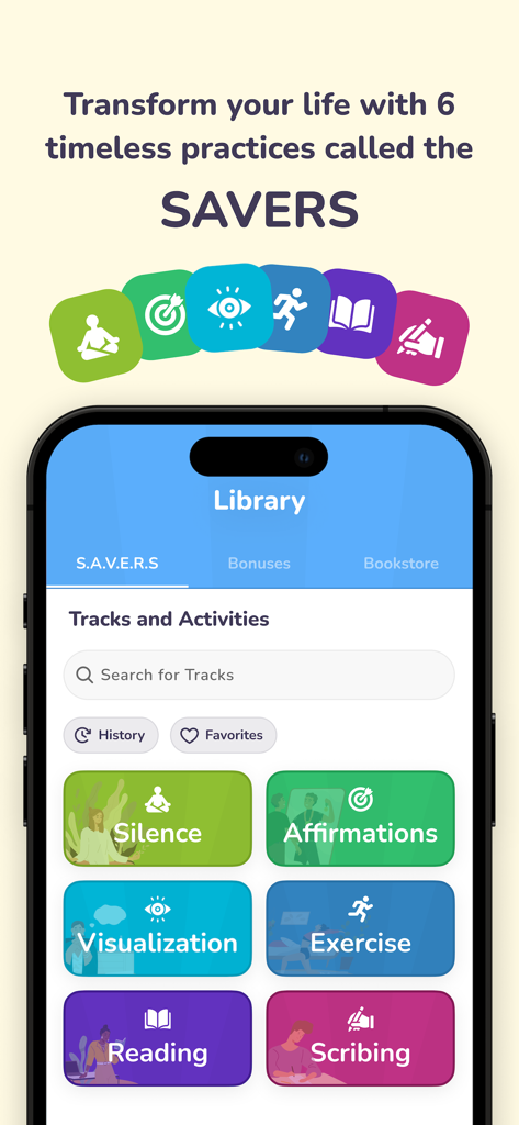 Miracle Morning Routine - 沈黙、アファメーション、視覚化を含む6つのSAVERS実践を示すミラクルモーニングアプリの画面