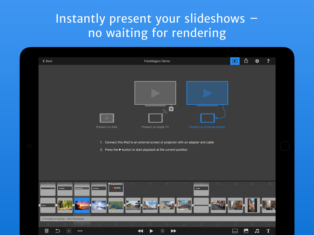 FotoMagico for iPad - iPad上のFotoMagicoアプリ。Apple TVまたは外部スクリーンでレンダリングなしでスライドショーをプレゼンテーションするオプションを表示しています。