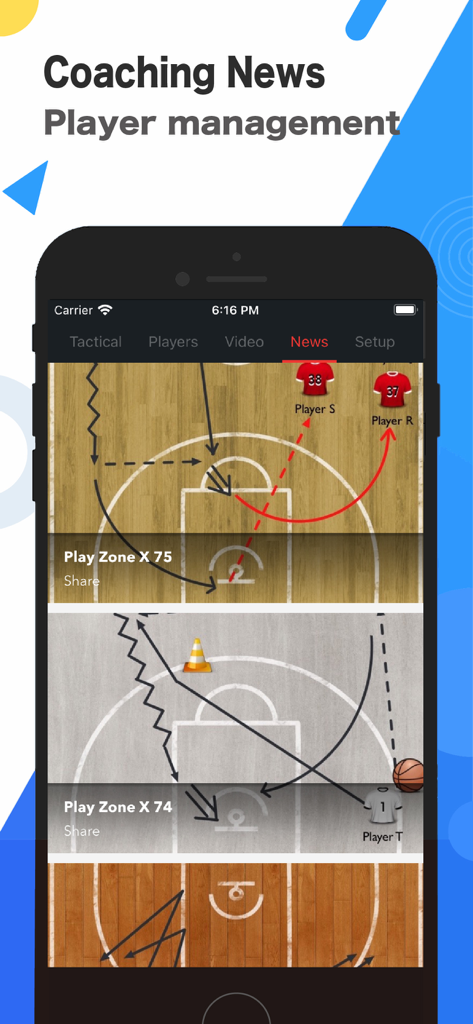 CoachBook-Basketball - Smartphone screen showing basketball coaching play diagrams and strategic maneuvers on a digital court.