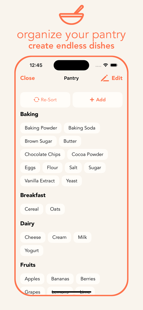 ChefApp - AI Recipe Creator - Interfaz de despensa digital de ChefApp que muestra ingredientes organizados por categorías como repostería y lácteos para la generación de recetas con IA