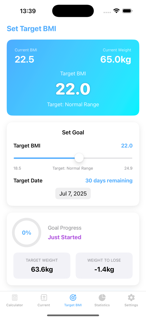 A screenshot of the BMI Mate plus app interface for setting a target BMI goal and tracking weight loss progress.
