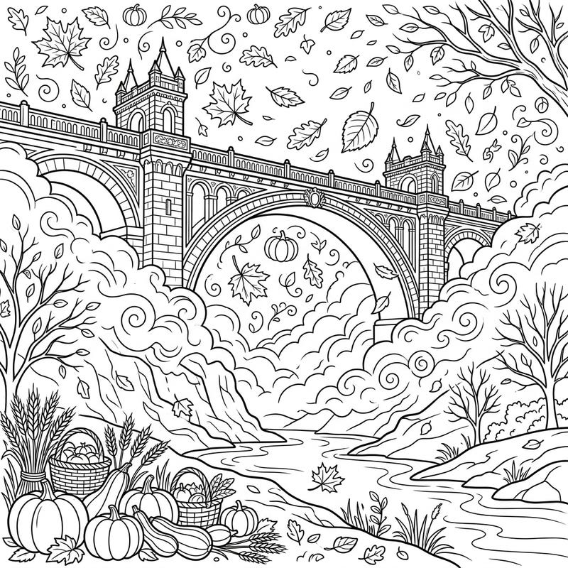 Step into a serene autumn landscape with this captivating coloring page featuring a majestic bridge shrouded in gentle mist. Adorned with falling leaves and rustic harvest treasures, it's a perfect scene for cozy fall creativity.